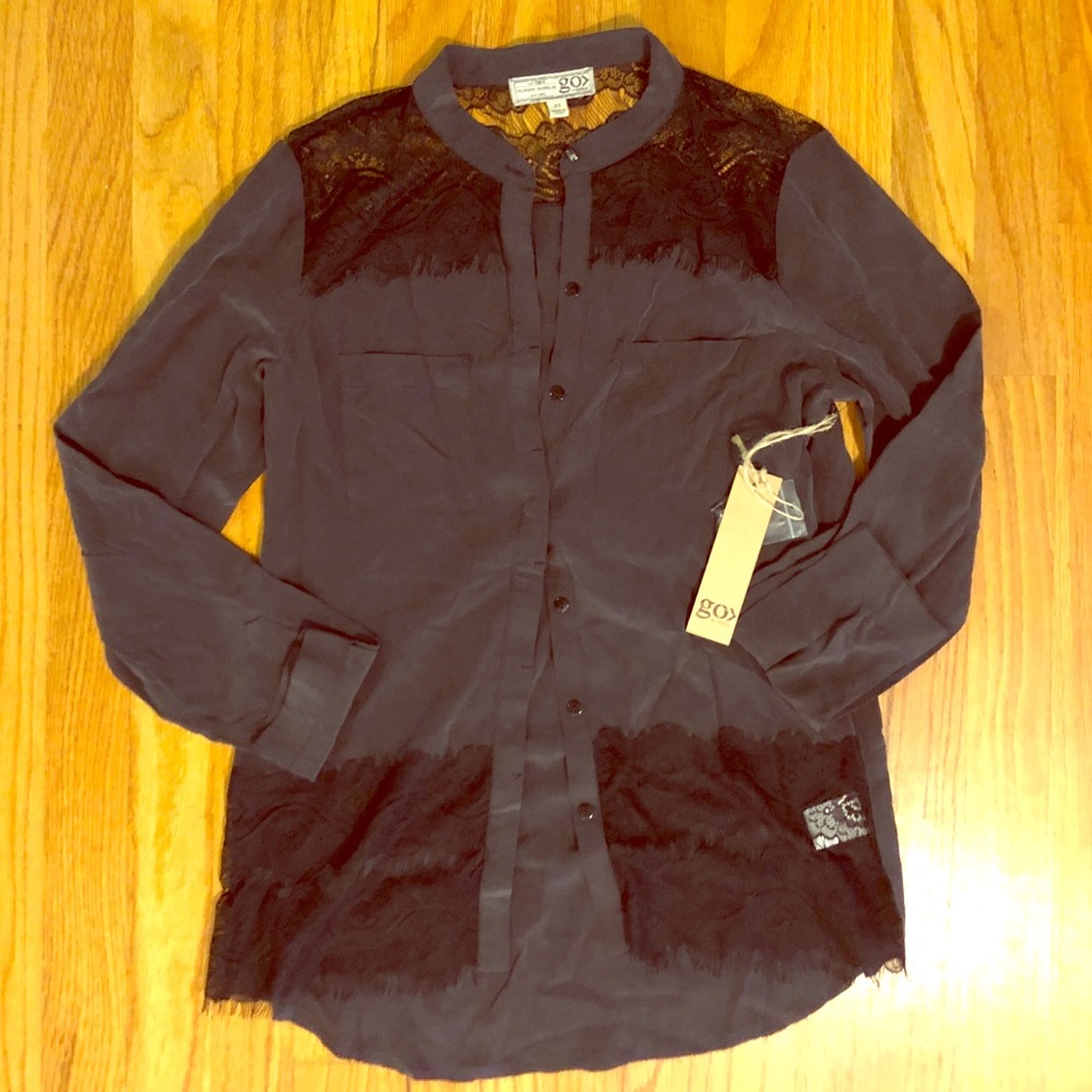 NWT Go by Go Silk 100% Silk deep grey lace panel Top